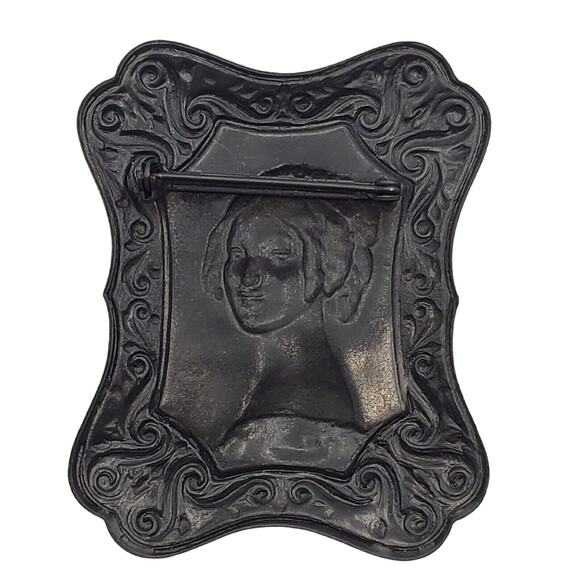 Copper Portrait Woman Brooch Large Figural Pin Cameo Frame Victorian Revival - Picture 3 of 4